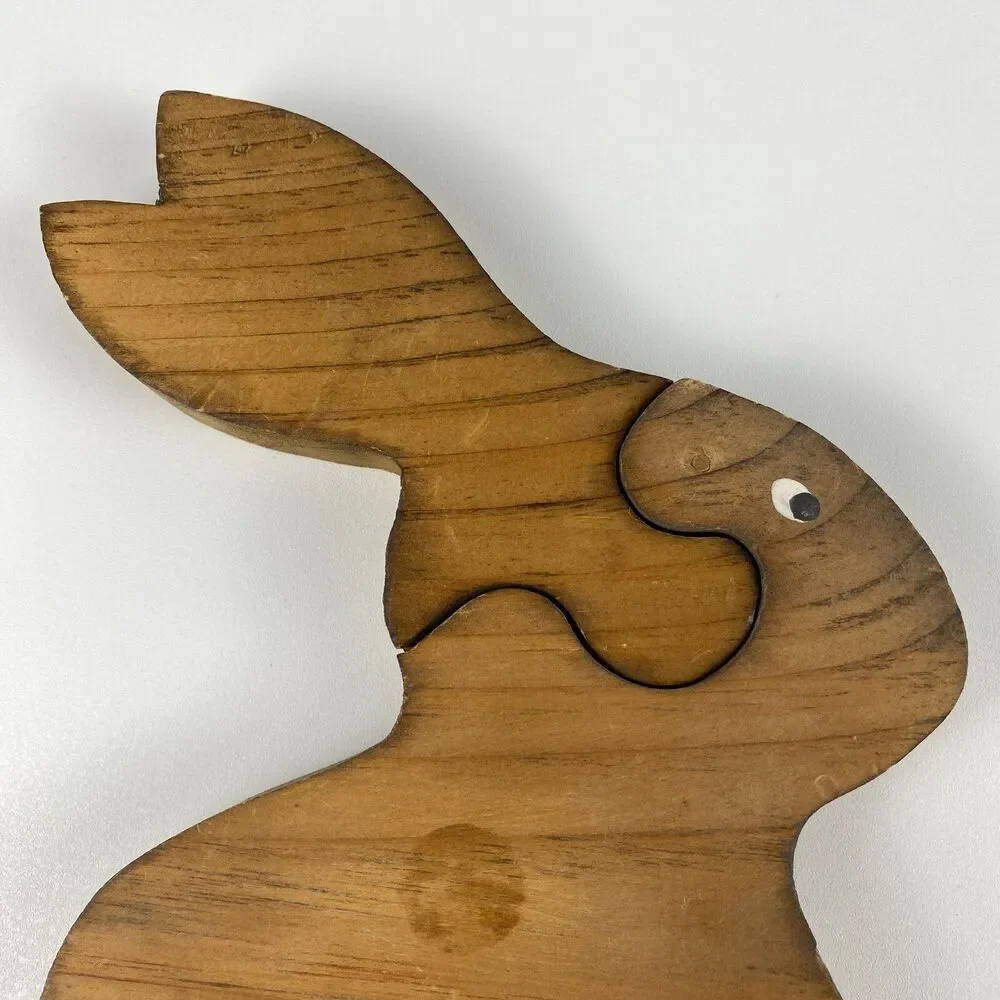 VTG Handmade Stained Wooden Bunny Jigsaw Puzzle Figurine Retro Decor 9